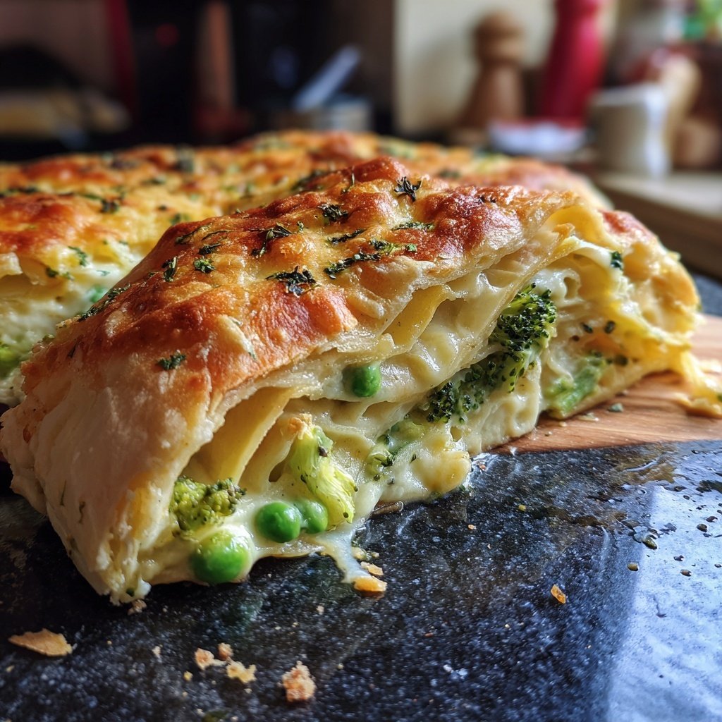 Vegetarischer Nudelauflauf mit Brokkoli und Erbsen