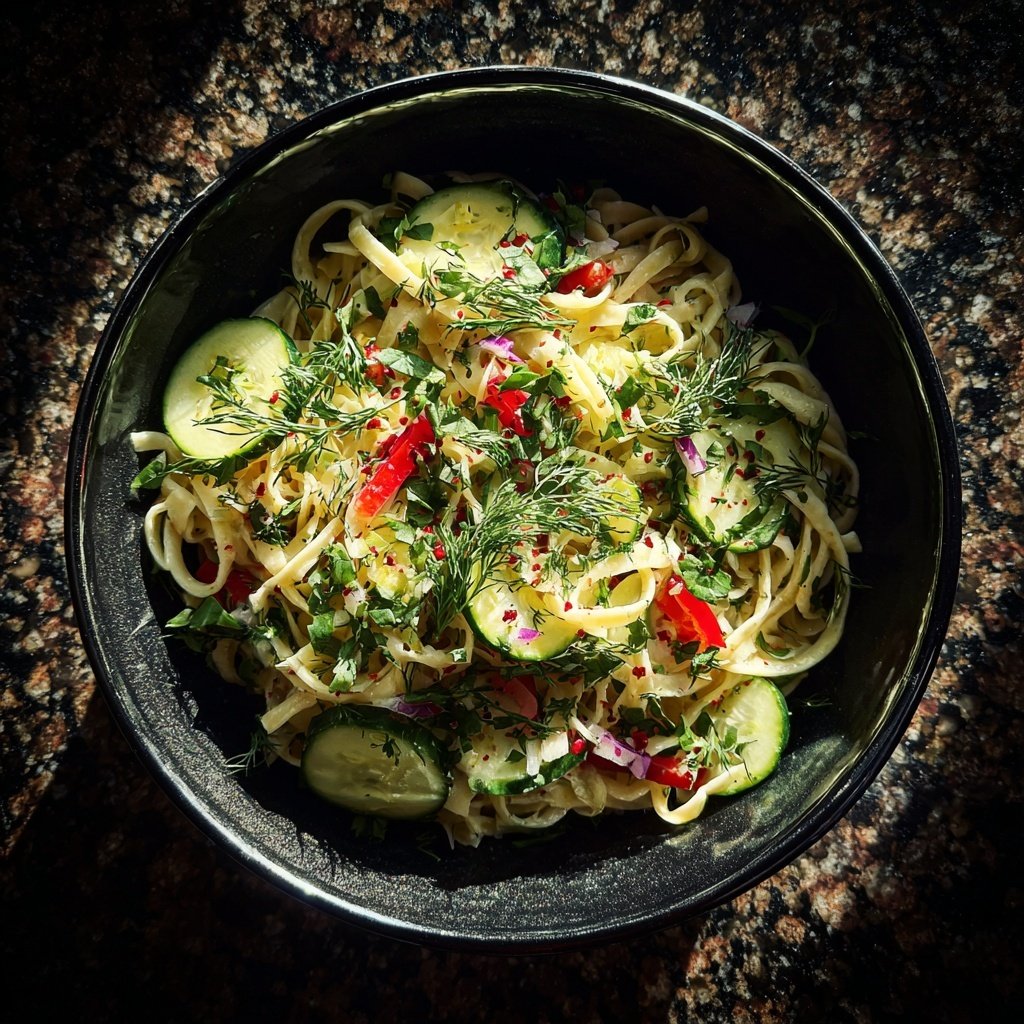 Mediterraner Nudelsalat Mit Gurke Und Dill
