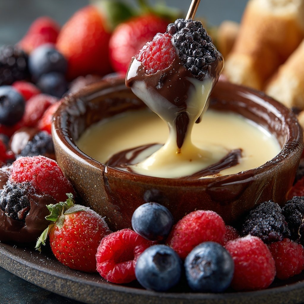 Fondue mit weißer Schokolade und Beeren